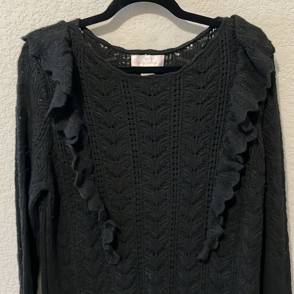 RACHEL PARCELL Black Pointelle Ruffle Lacy Knit Pullover Sweater, Size XL - Picture 3 of 11